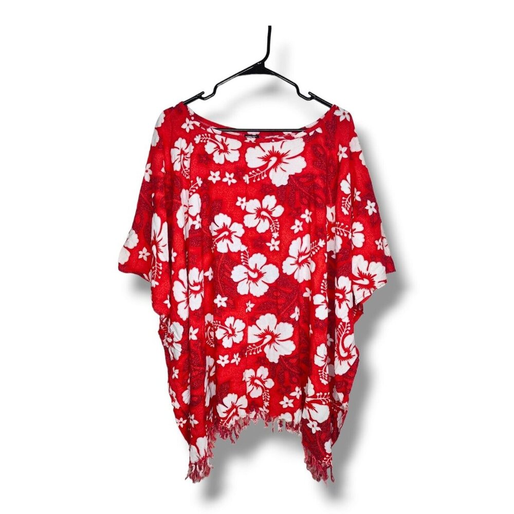 Koko Knot Pullover Swimsuit Cover Up One Size Red Hawaiian Fringe Hem Floral